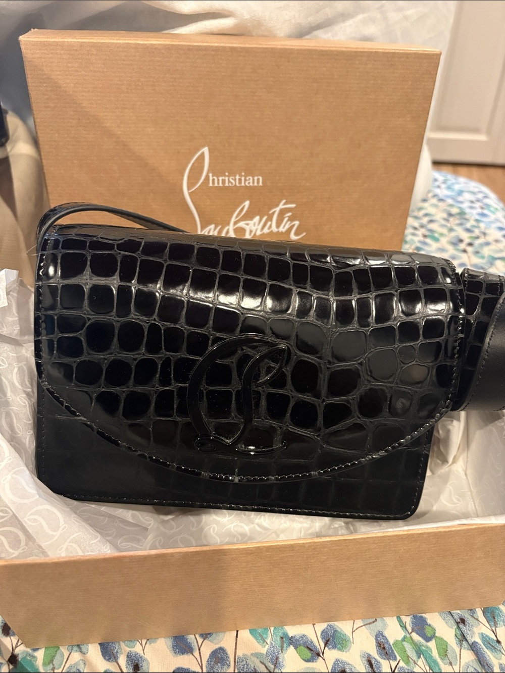 Christian Louboutin Black Croc-Embossed Patent Leather Mini Crossbody